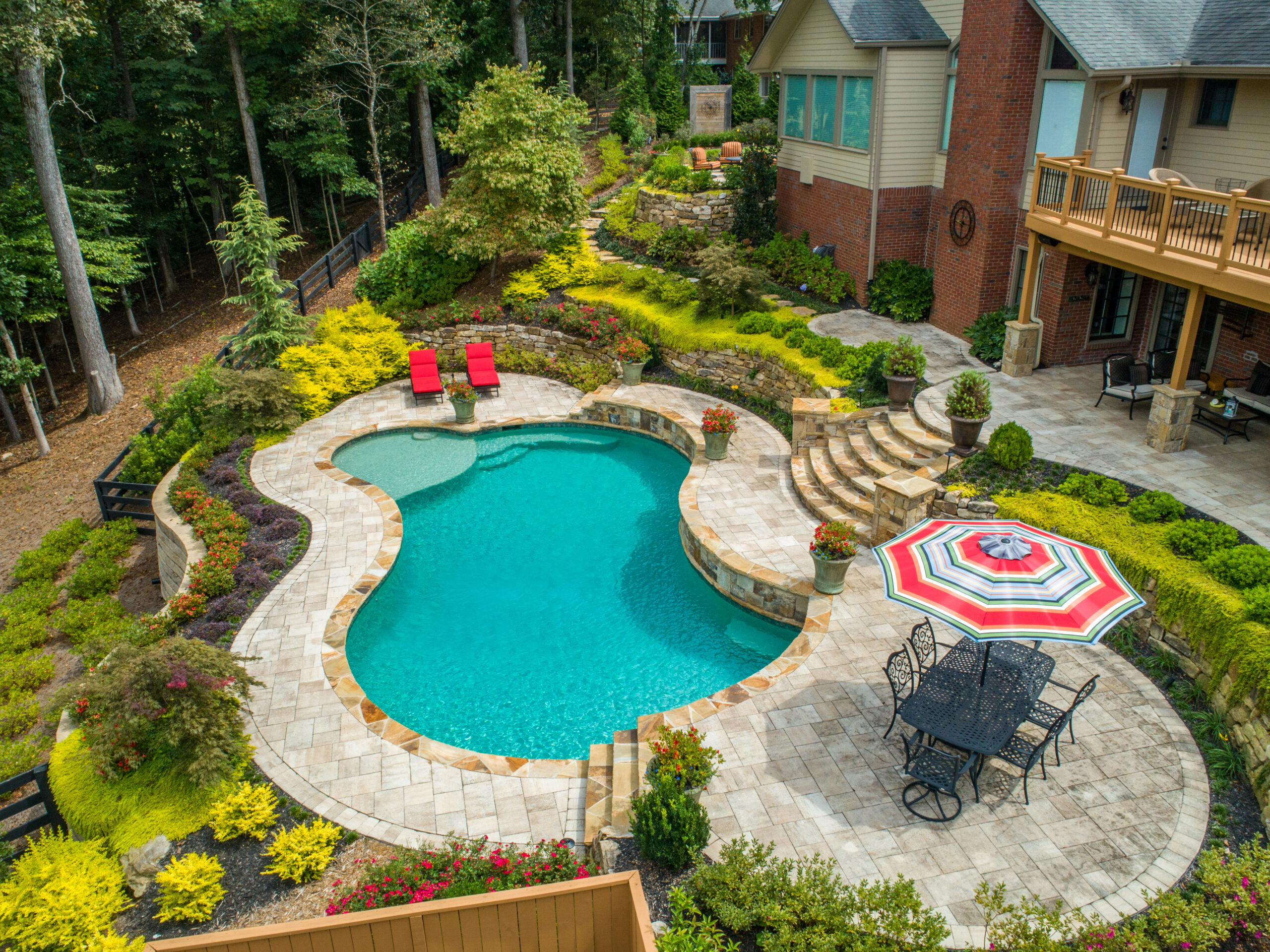 A drone shot above a backyard with a pool surrounded by lush greenery