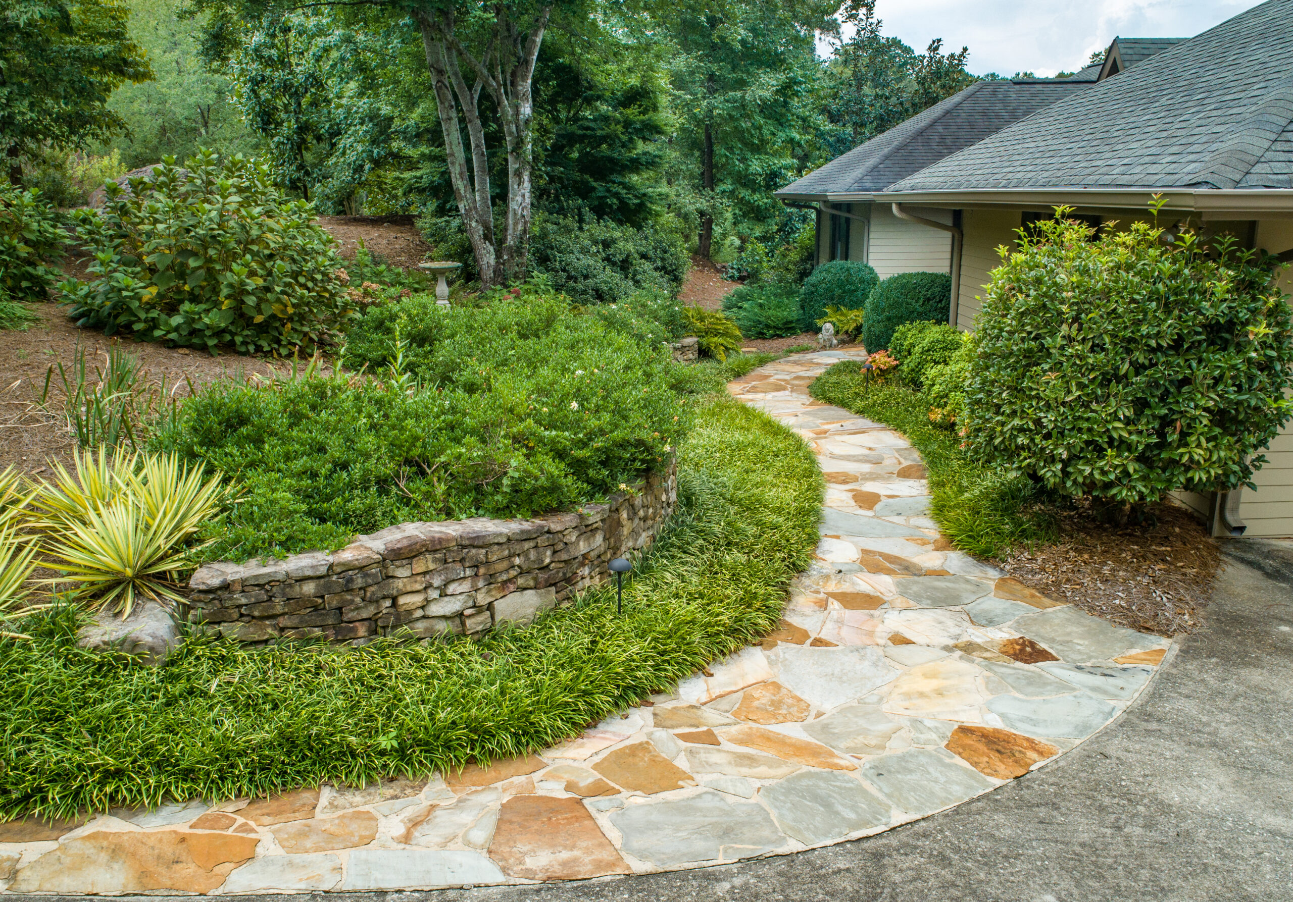 A flagstone walking path leading to the front of a house with a ledgestone retaining wall, ornamental grasses, and lush greenery