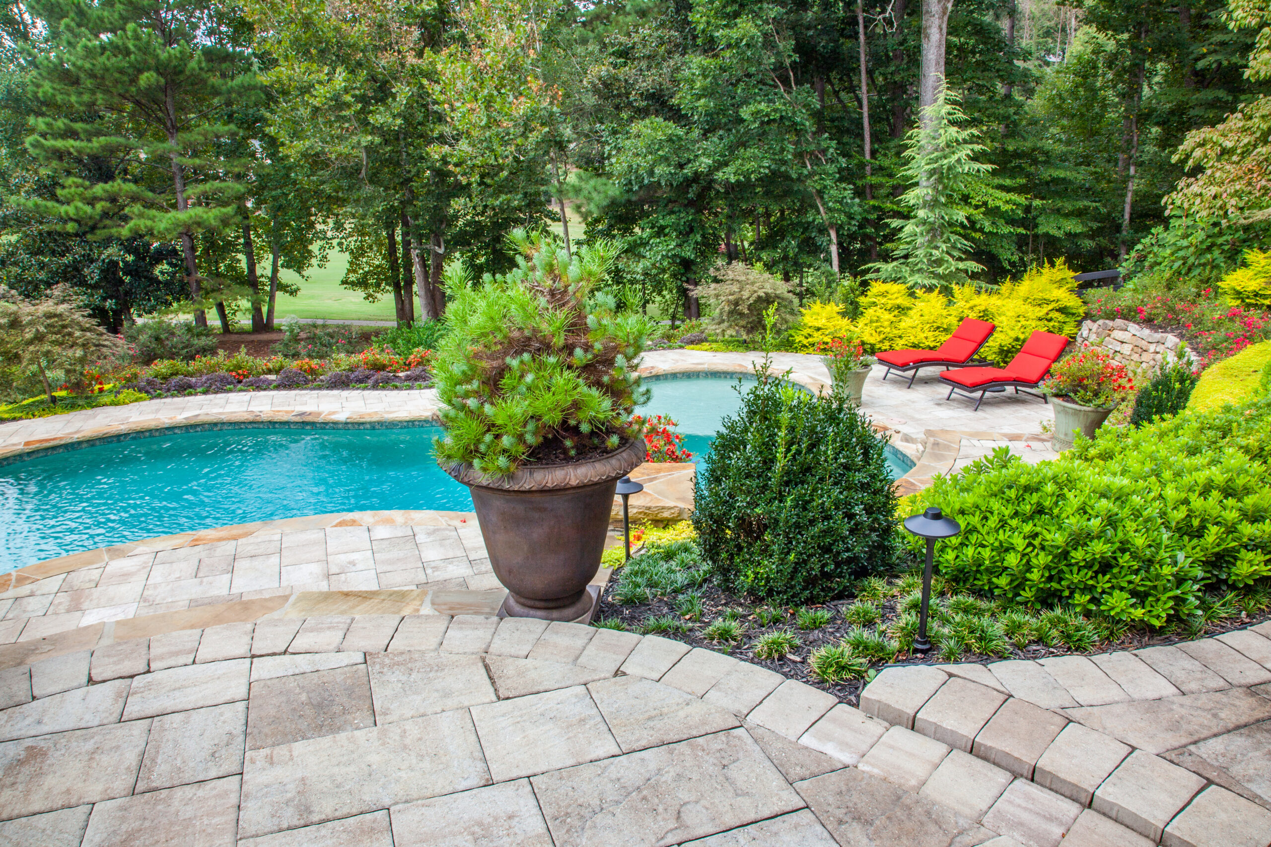 Patio view of a custom pool in a lush backyard