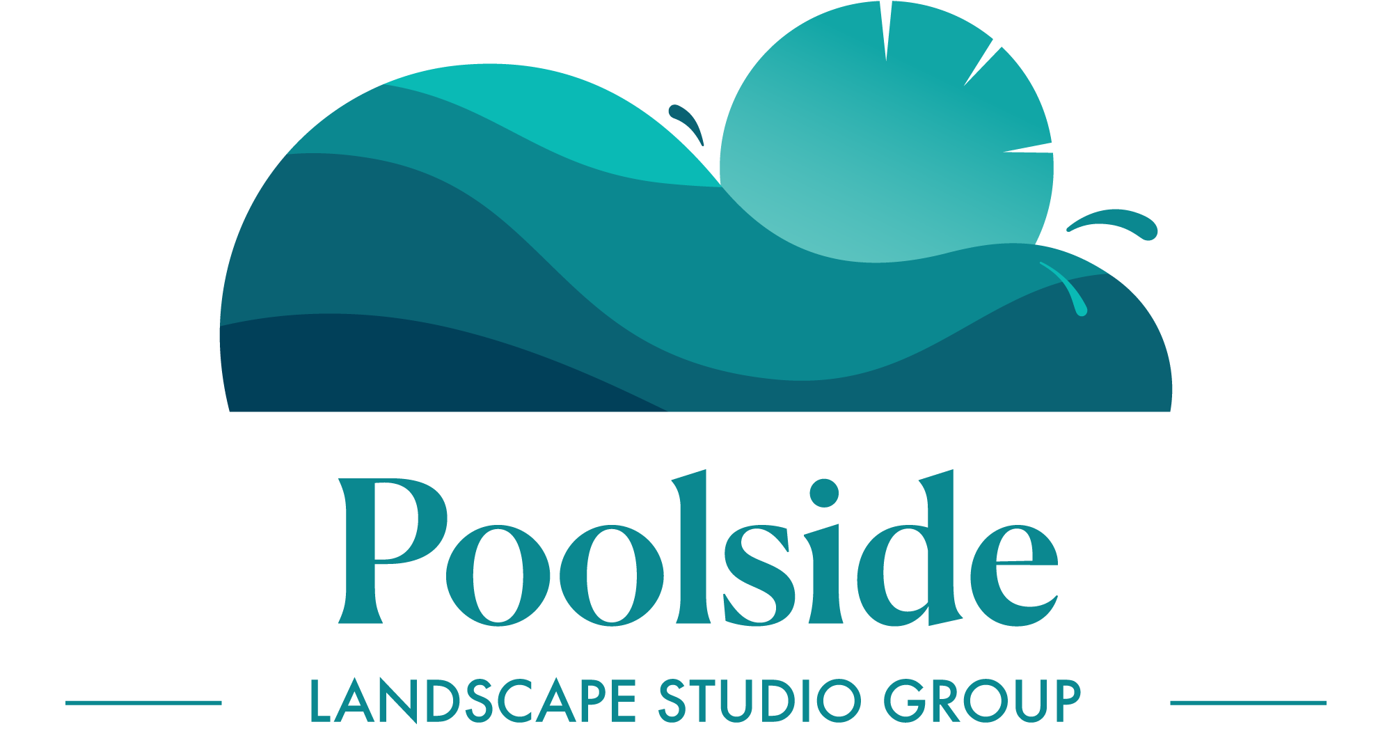 A blue-striped bean-shaped pool with a clock or sun icon and splash drips above the word Poolside, a Landscape Studio Group division