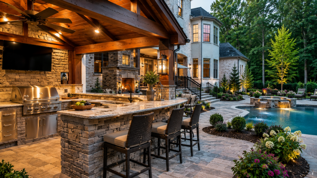 Custom outdoor kitchen with built-in grill and bar seating in a Roswell, Georgia backyard.