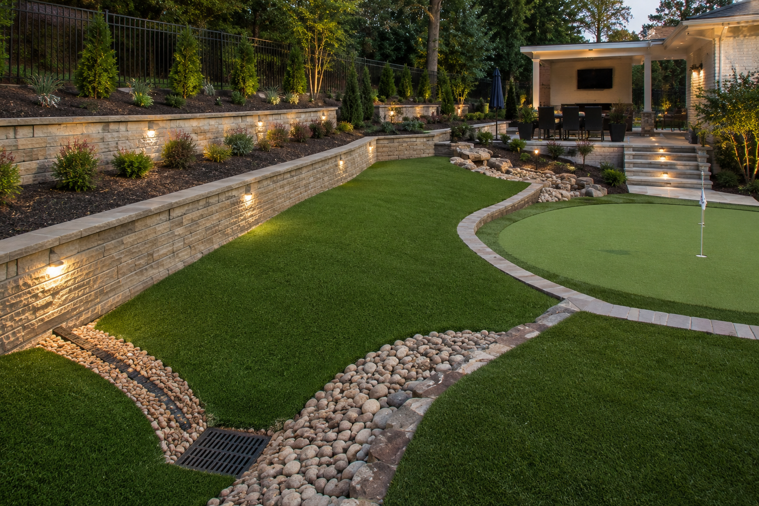 Artificial turf and landscape grading designed to improve drainage on a sloped Roswell property