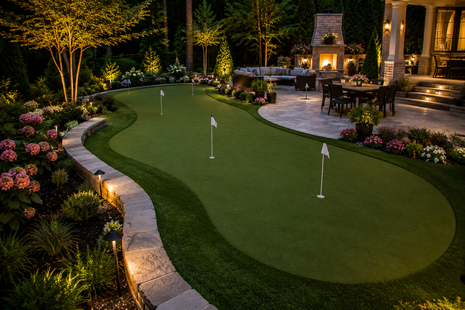 Curved backyard putting green integrated with patio, planting beds, and outdoor living space