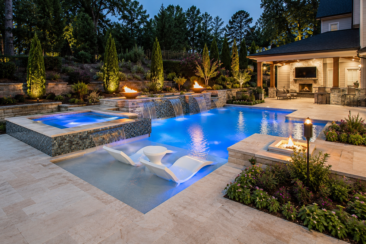 Custom pool features including a raised spa and tanning ledge at a Roswell home