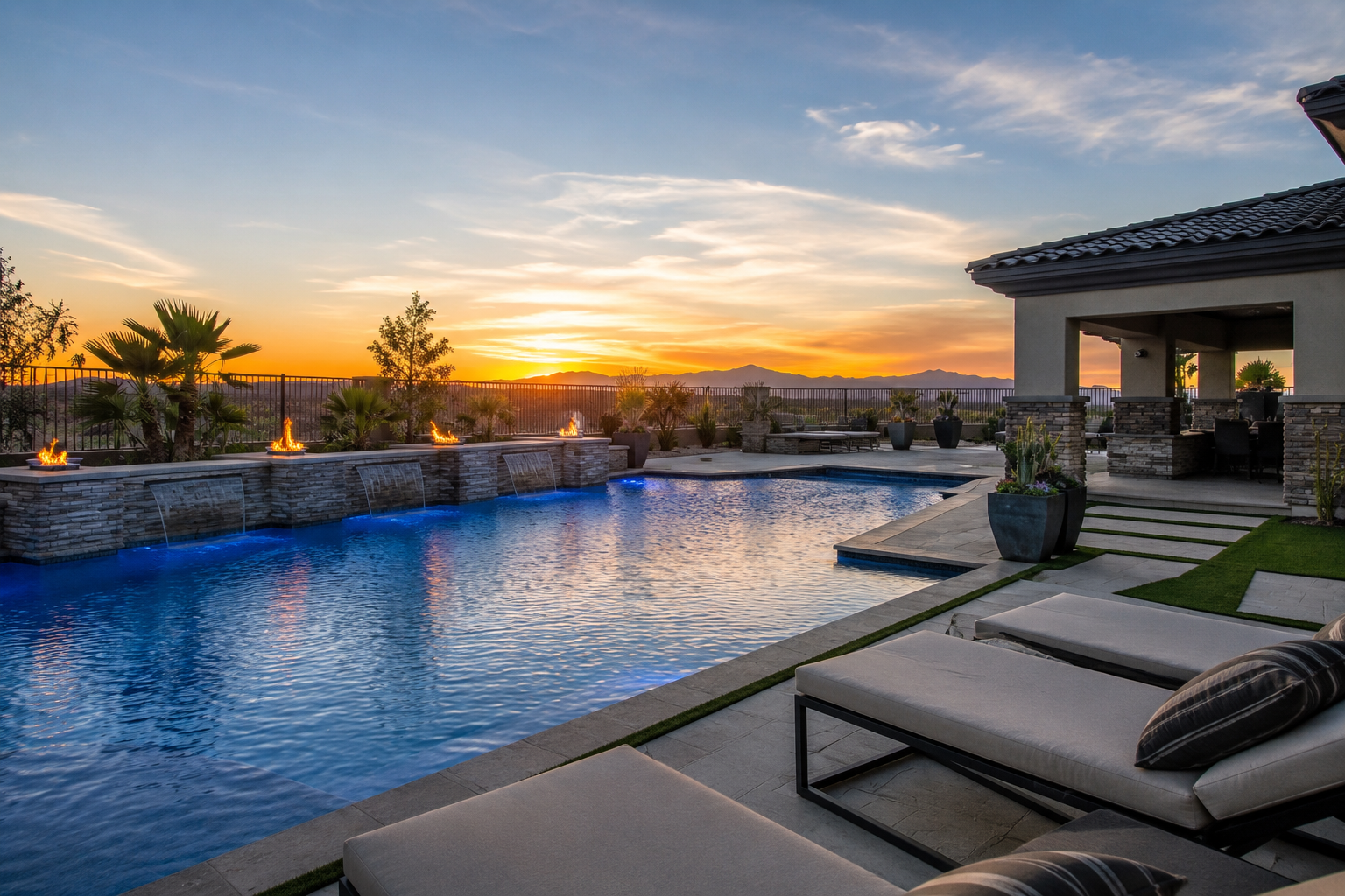 Custom pool with stone pool deck and layered landscaping at a Roswell home