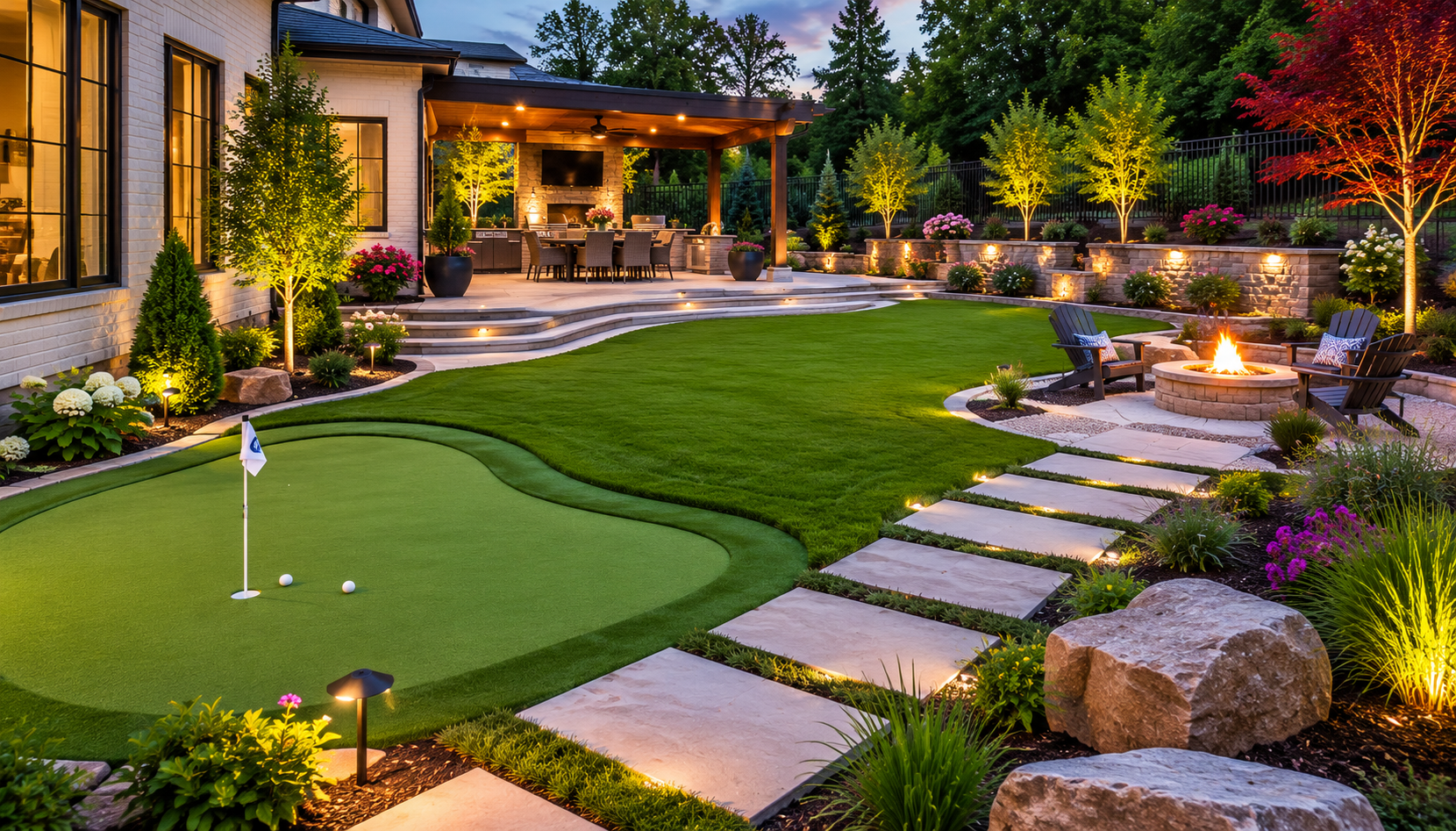 Hybrid landscape design combining artificial turf, natural lawn, planting beds, and stone pathways