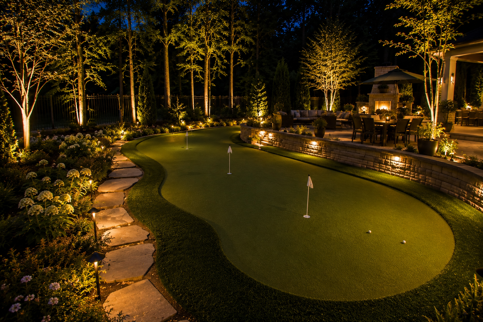 Backyard putting green illuminated with landscape lighting for evening use