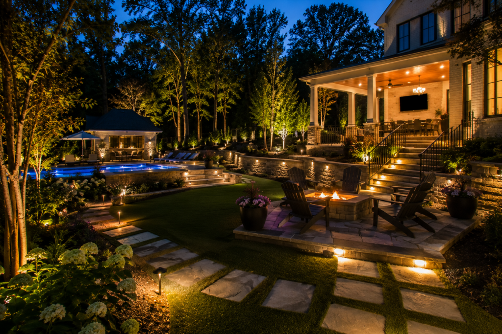 Warm landscape lighting on a North Atlanta backyard terrace with trees and stone steps.