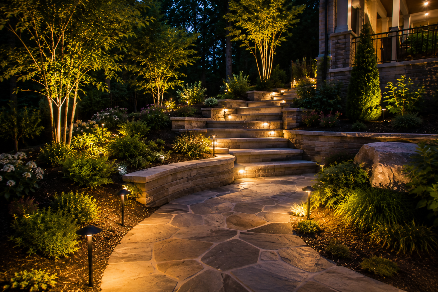 Path lighting illuminating stone steps and garden walkways in a North Atlanta backyard