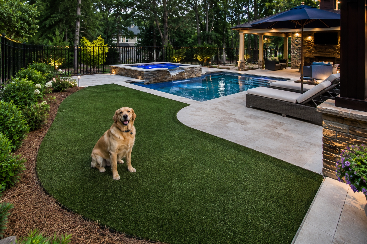 Pet-friendly artificial turf installation beside a pool and outdoor living area in North Atlanta