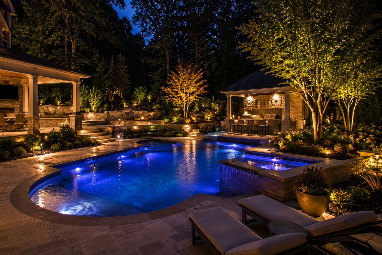 Luxury pool illuminated with underwater lighting and landscape accents in North Atlanta
