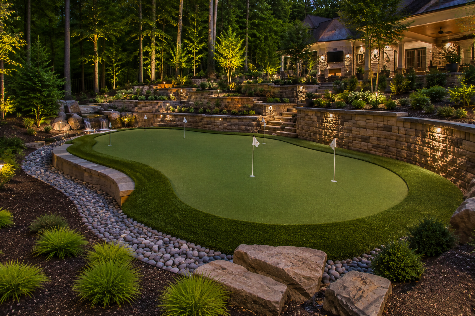 Custom putting green with drainage planning and retaining walls on a North Atlanta property