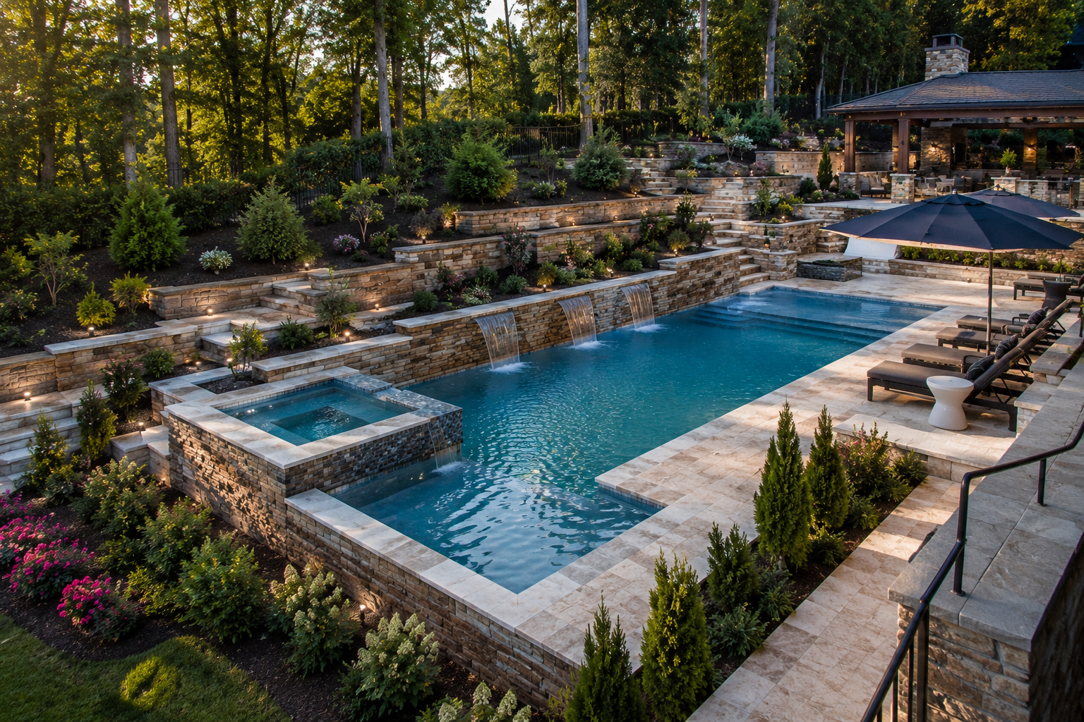 Terraced custom pool with retaining wall and drainage on a sloped North Atlanta lot