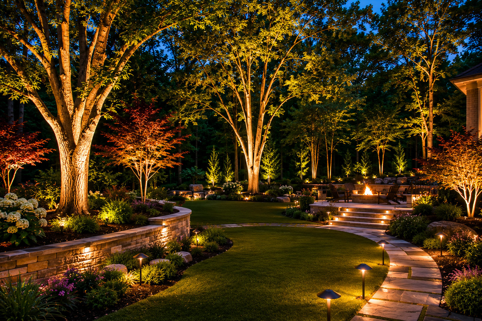 Mature trees highlighted with warm uplighting in a luxury North Atlanta landscape