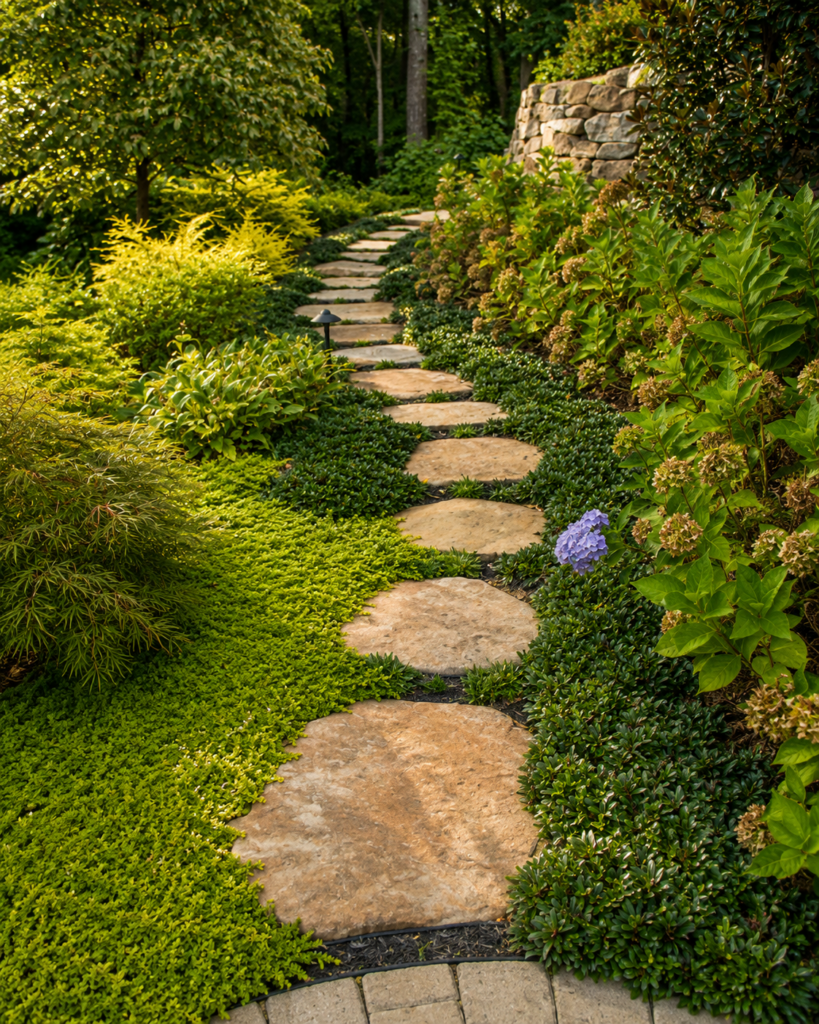 Natural stone garden pathway surrounded by lush landscaping, colorful ground cover, ornamental shrubs, and a decorative retaining wall in a professionally designed residential landscape.