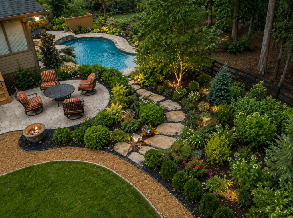 Professionally designed backyard landscape with a custom swimming pool, natural stone pathways, curved patio, outdoor seating area, manicured lawn, and lush garden plantings.